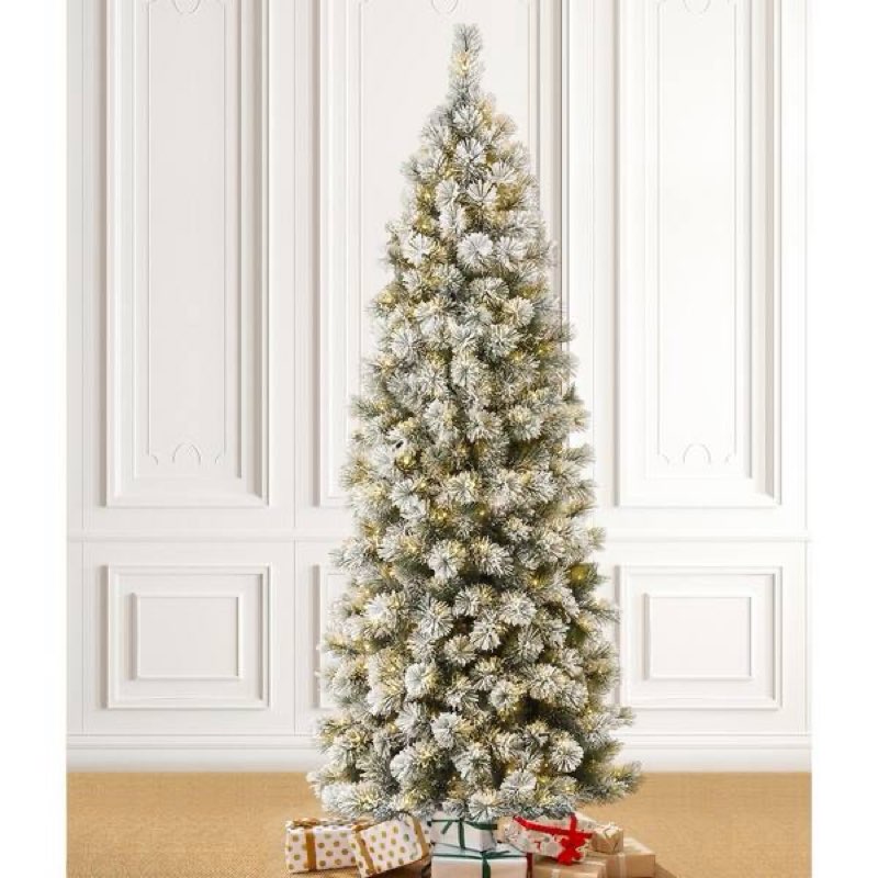 7.5FT Pre-lit Snow Flocked Pencil Christmas Tree with Remote Control, 350 Warm White Multi-Color Lig