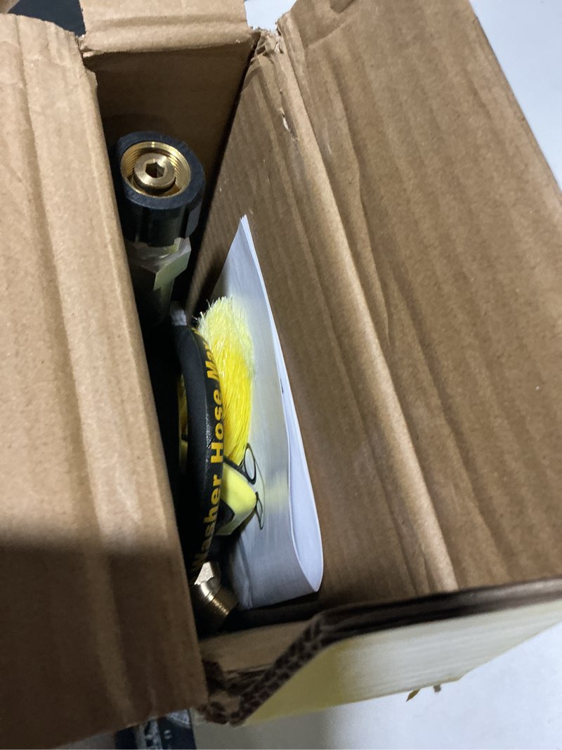 Condition photo showing Good Condition for 24 ft telescoping pressure washer wand extension, hot water supported power washer extension wand with brush head, 5 nozzle tips, 2 adapters, harness, gutter cleaning tools from the ground 24ft-se