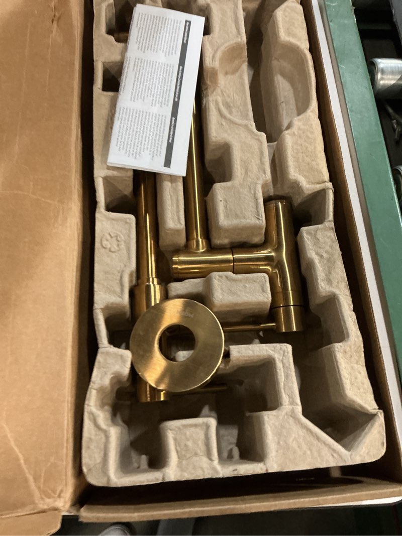 Condition photo showing As Is for moen brushed gold modern wall mount folding swing arm pot filler, double jointed kitchen stove faucet, s665bg