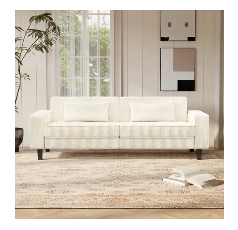 85.63" Corduroy Square Arm Sofa, 3-Seater Sofa Couch With Lumbar Pillows
