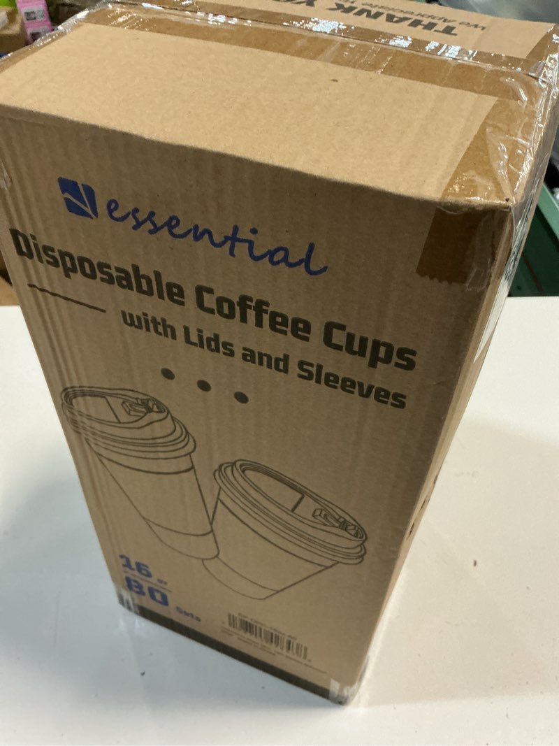 Condition photo showing New/Like New for essential 16 oz heavy duty coffee cups with lids, sleeves & labels–80 pack disposable paper to go cups, for hot/cold beverage, offices, homes, party 16oz