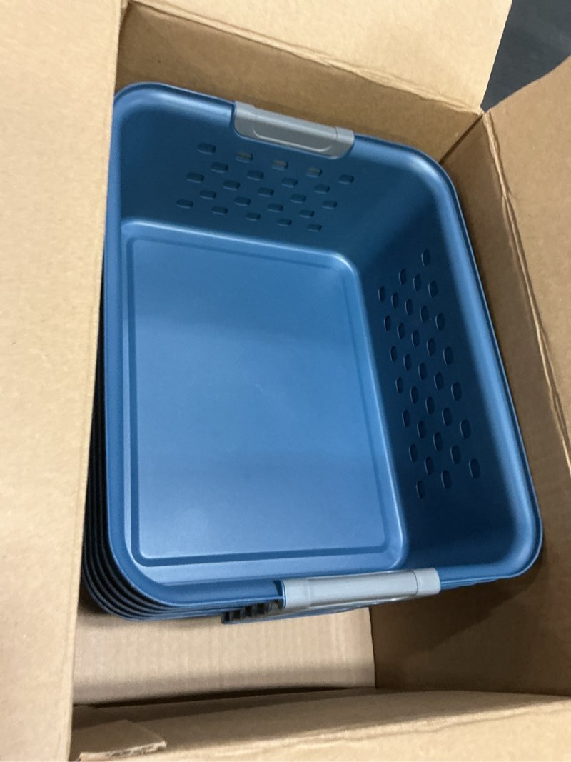 Condition photo showing Good Condition for iris usa plastic storage basket, 6-pack, medium, shelf basket storage organizer for pantry, cabinet, bedroom, closet, laundry room, eco-friendly, navy