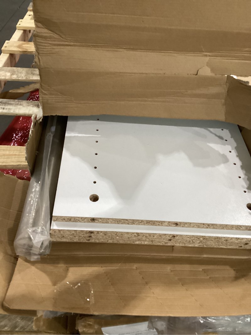 Condition photo showing As Is for ClosetMaid SuiteSymphony Wood Closet Organizer Starter Kit with Tower and 3 Hang Rods, Shelves, Adjustable, Fits Spaces 4 – 9 ft. Wide, Engineered Wood, Pure White, 16" Pure White Starter Tower Kit