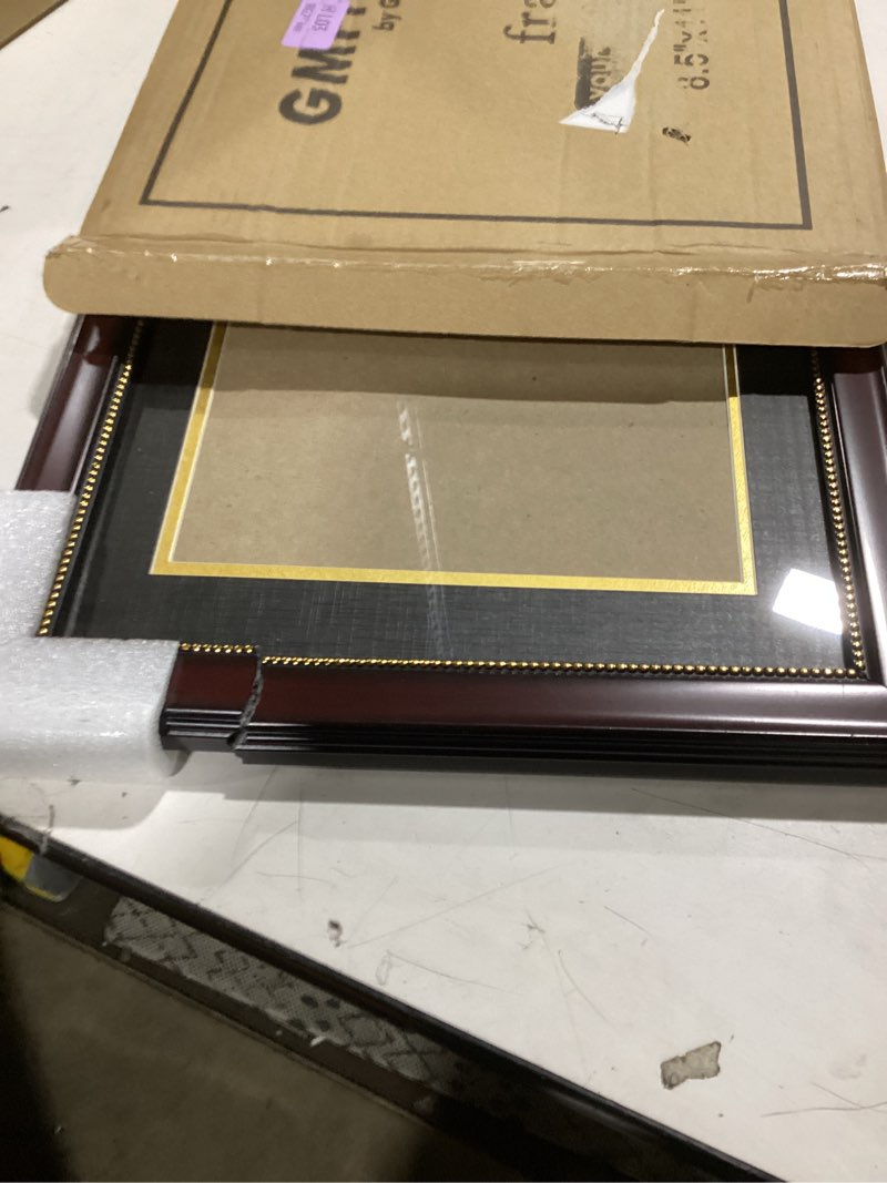 Condition photo showing As Is for GraduationMall 8.5x11 Diploma Frame with Black over Gold Mat or Display 11x14 Document without Mat, UV Protection Acrylic, Mahogany with Gold Beads Mahogany With Gold Beading 11x14 or 8.5x11 With Mat