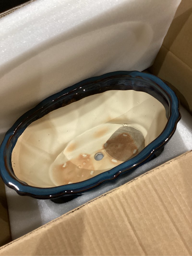 Condition photo showing Good Condition for Bonsai Pots - 13.2 Inch Oval Ceramic Pots for Plants, Large Succulent Planter with Drainage Hole, Decorative Planters for Indoor Outdoor, Garden House Decor, Housewarming Gifts, Retro Blue 13.5 Inch Oval Blue