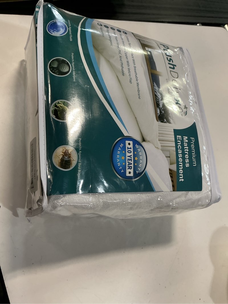 Condition photo showing New/Like New for plushdeluxe king size premium mattress encasement - zippered waterproof, bedbug proof design, 6-sided protection - hypoallergenic cotton terry fabric 9-12" depth 9"-12" deep king