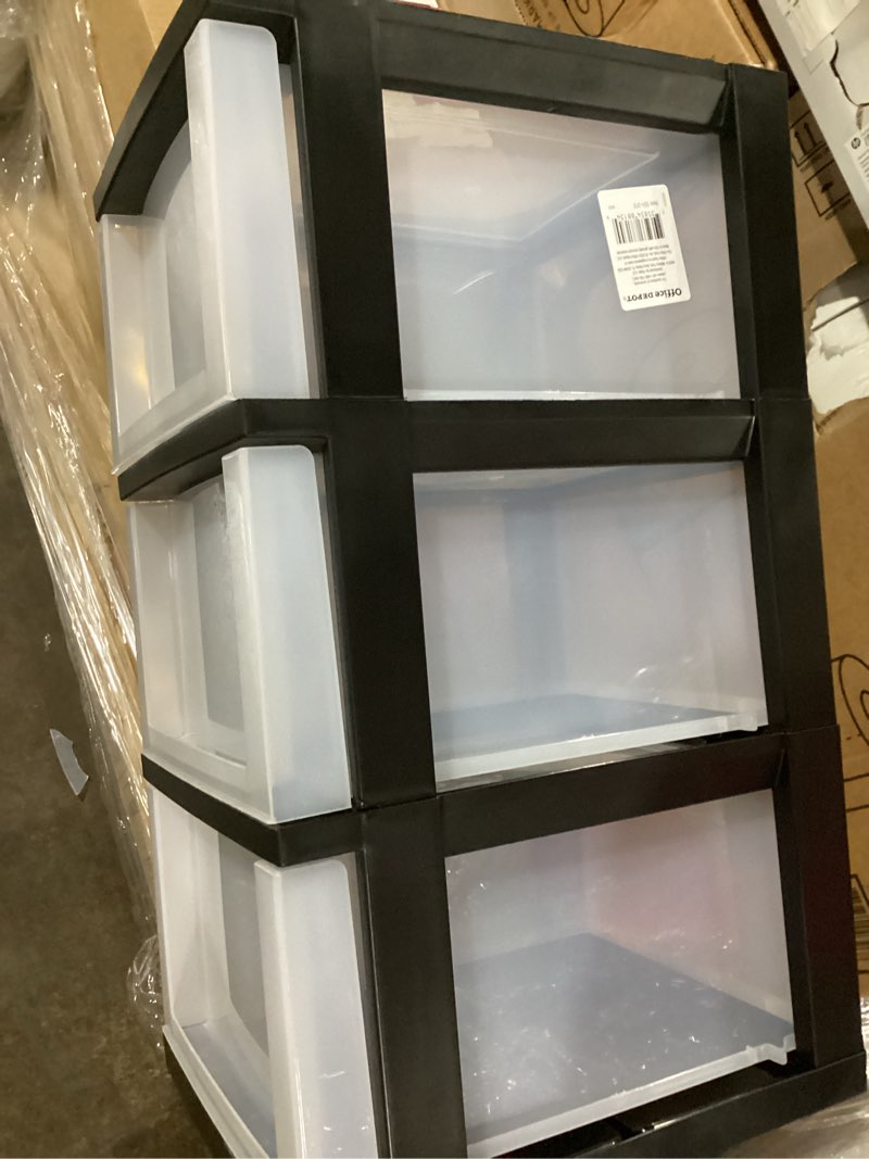 Condition photo showing As Is for office depot medium plastic storage cart, 3 drawers, 26 1/5in.h x 12 1/10in.w x 14 3/10in.d, black, 116811
