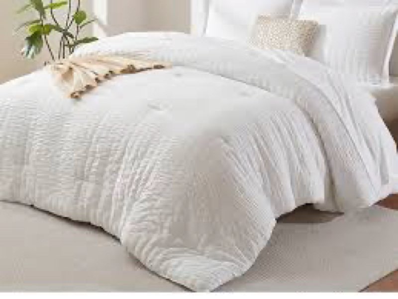 CozyLux Oversized King Comforter Set White Seersucker 7 Pieces 120x98 Bed in a Bag Comforter Set wit