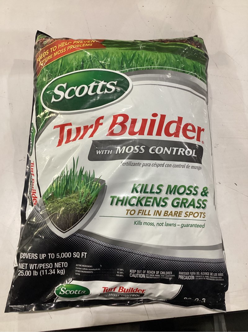 Condition photo showing As Is for scotts turf builder with moss control  up to 5 000 sq. ft.  25 lbs.