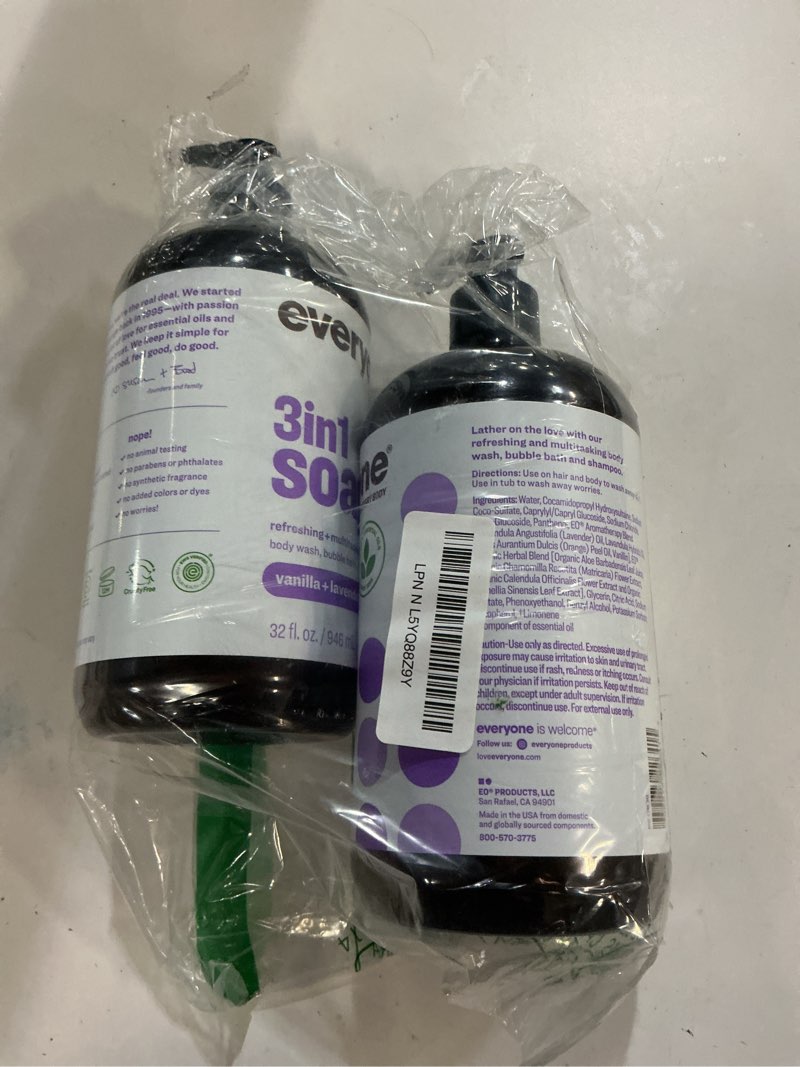 Condition photo showing New/Like New for Everyone 3-in-1 Soap, Body Wash, Bubble Bath, Shampoo, 32 Ounce (Pack of 2), Vanilla and Lavender, made with Essential Oils for Men and Women Vanilla and Lavender 32 Fl Oz (Pack of 2)