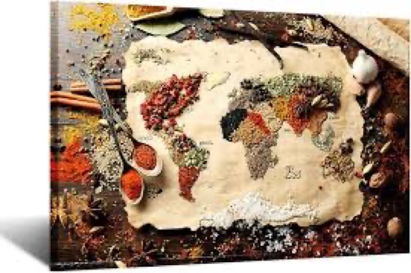 iKNOW FOTO Canvas Wall Art World Map Made up of Spices Kitchen Artwork Modern Kitchen Decor Gallery Canvas Wraps Giclee Print Stretched and Framed Ready to Hang 24x36inch