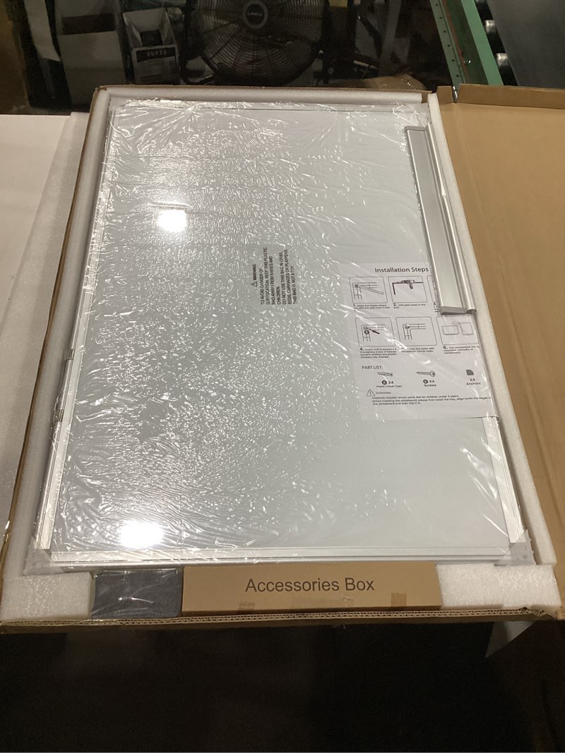 Condition photo showing New/Like New for magnetic white board and cork board combo, 36" x 24" double-sided silver 36"w x 24"h