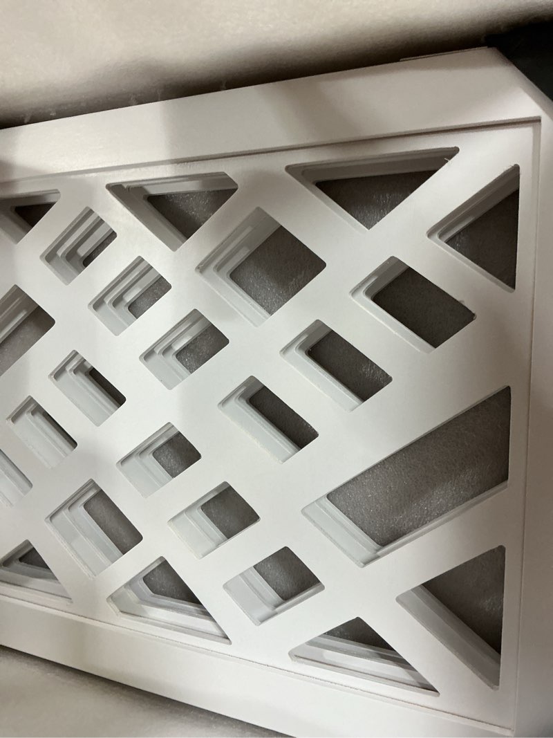 Condition photo showing New/Like New for cut-out design 16" short dog gate for small dogs, foldable retractable puppy gate indoor - freestanding lightweight pet barrier for doorways, stairs, hallways (extends to 35", white) h:16" / w:4"-35"