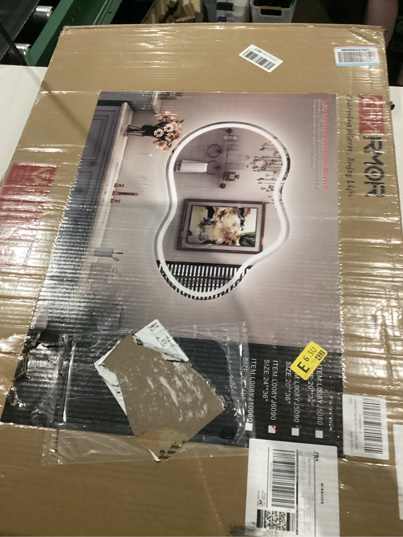 Condition photo showing New/Like New for smiror irregular led backlit bathroom mirror 24 x 36 inch, asymmetrical cloud lighted vanity mirror with lights for wall, anit-fog, dimmable, memory (vertical/horizontal) front light and backlit 36"l x 24"w