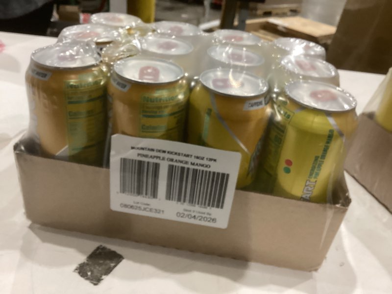 Condition photo showing New/Like New for Mountain Dew Kickstart, Pineapple Orange Mango, 90mg Caffeine, Vitamins B & C, 80 Calories, 10% Juice, 16 fl oz (Pack of 12) Pineapple Orange Mango 16 Fl Oz (Pack of 12)