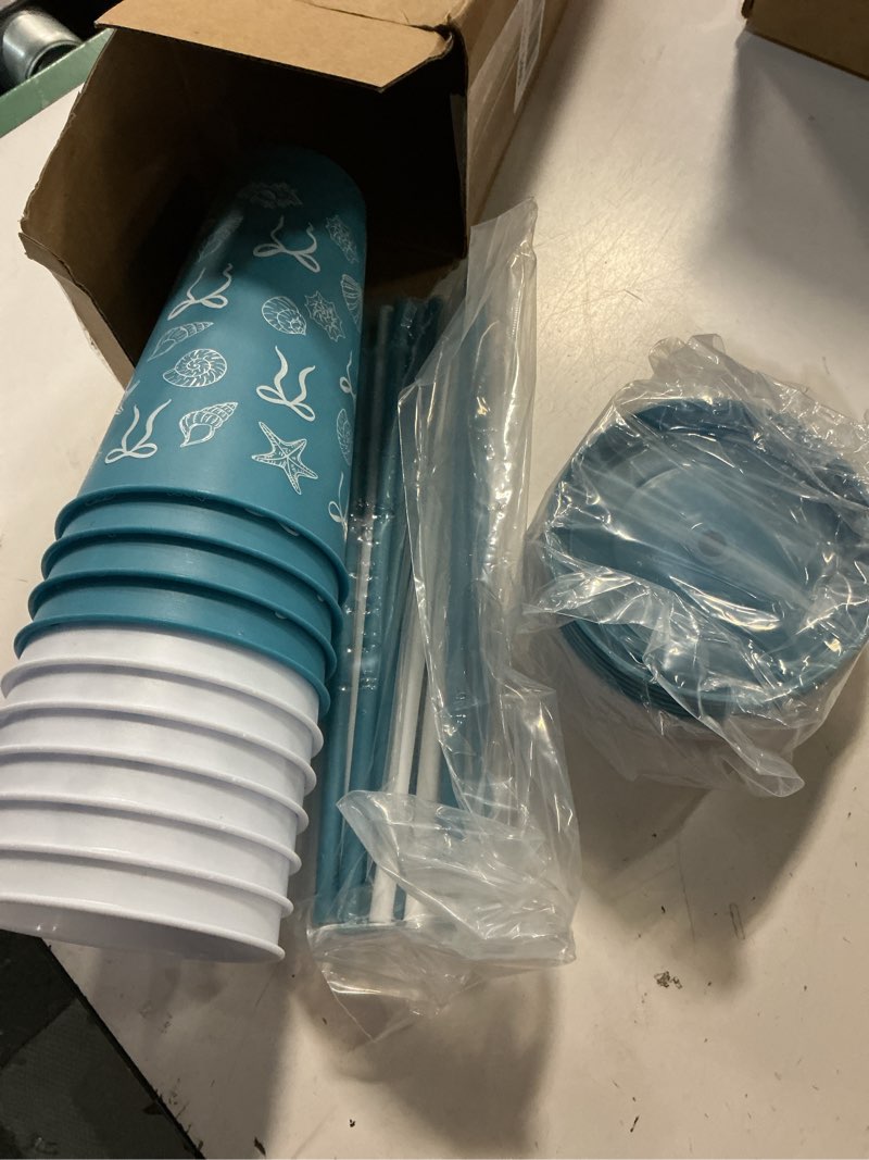 Condition photo showing Good Condition for 12 pcs 24 oz blue bow starfish seashell plastic cups with lid straw beach party blue coastal reusabl