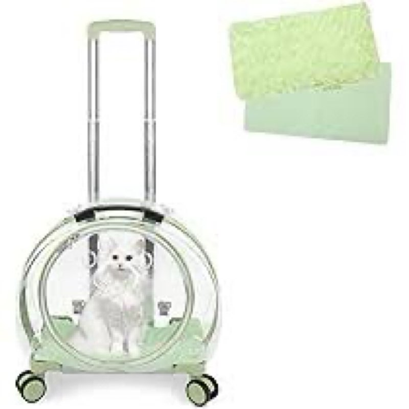 Transparent & Fully Breathable Hard cat Carrier with Rolling Wheels for Dogs, Cats, Multiple Carrying Options, Perfect for Traveling/Taking a Walk Green 