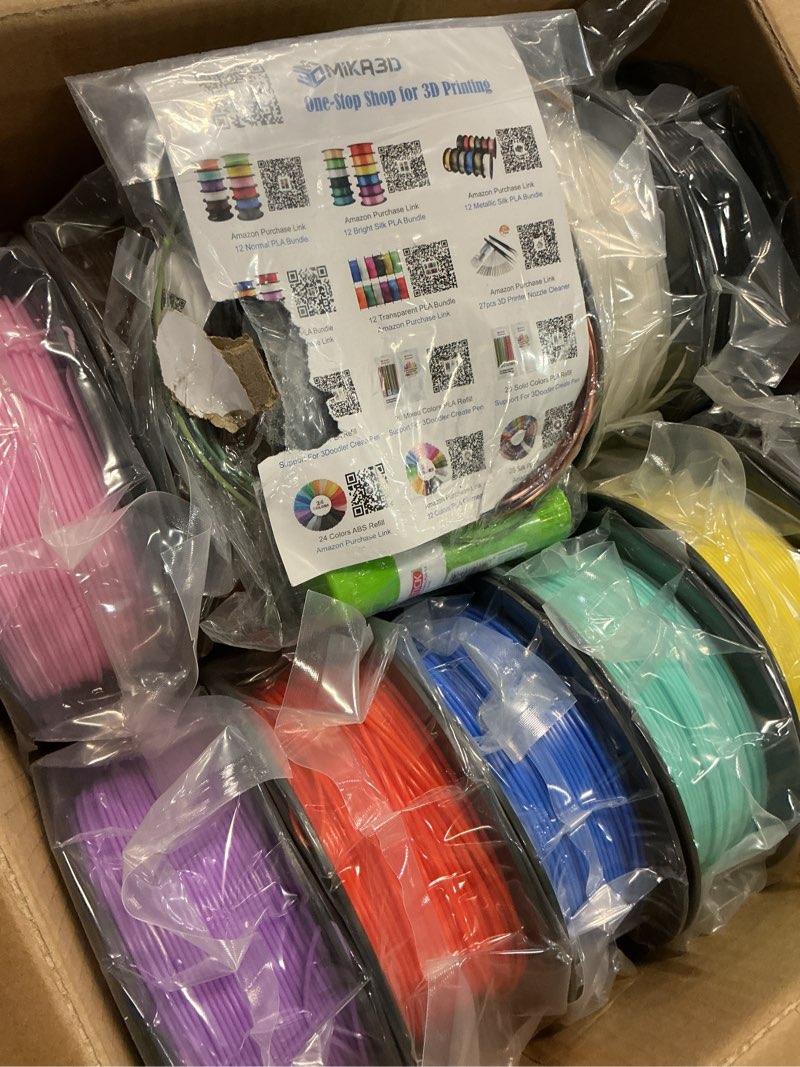 Condition photo showing Good Condition for 1.75mm 3d printer normal pla filament 12 bundle, most popular colors, 500g per spool, 12 spools pack, total 6kgs material with one bottle of 3d printer stick tool mika3d 12 spools - white+black+grey+brown+sapphire blue+red+lime green+yellow+orange+pink+purple+cyan 0.5 kg/spool
