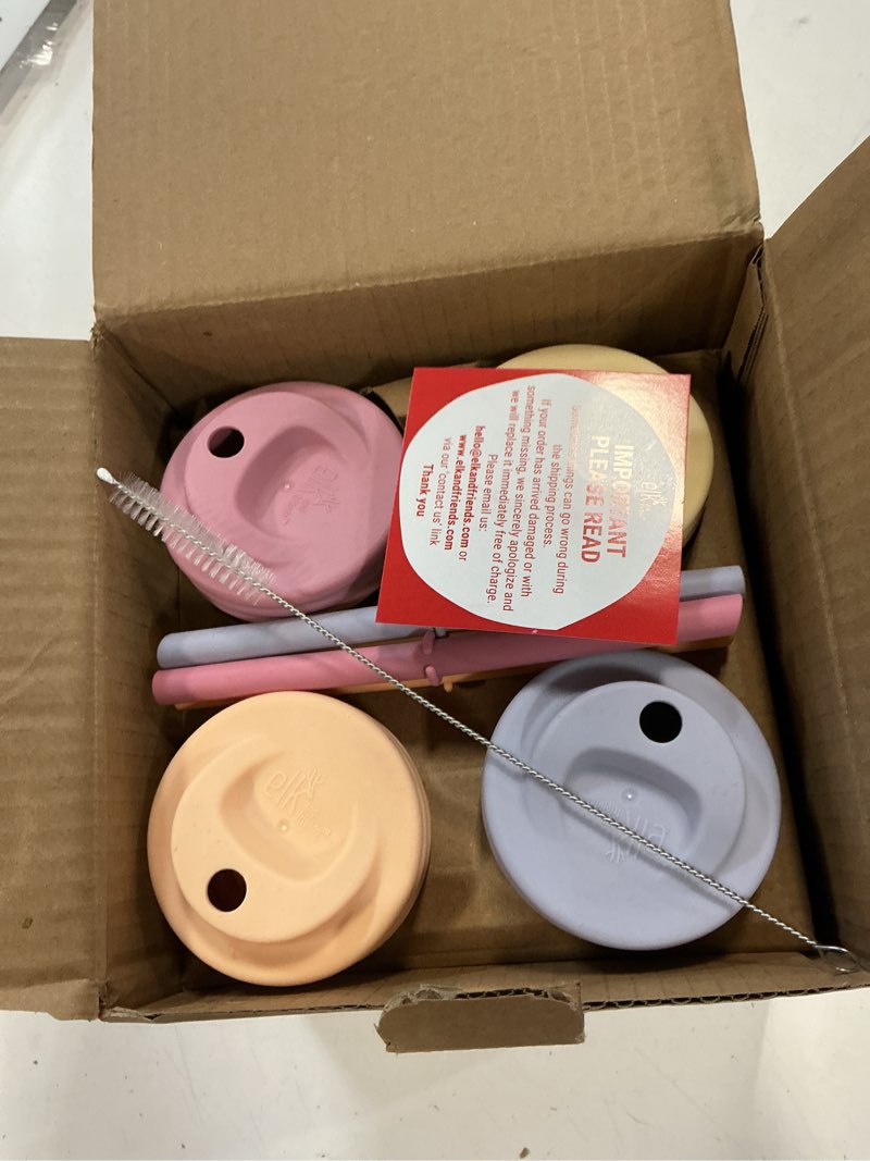 Condition photo showing Good Condition for elk and friends kids + toddler glass cups | the original 8oz glass mason jar with sleeves + lids | silicone straws + stopper | smoothie cup | food storage | spill resistant | dishwasher safe | 4 pack blush/lilac/peach/lemon 4 pack