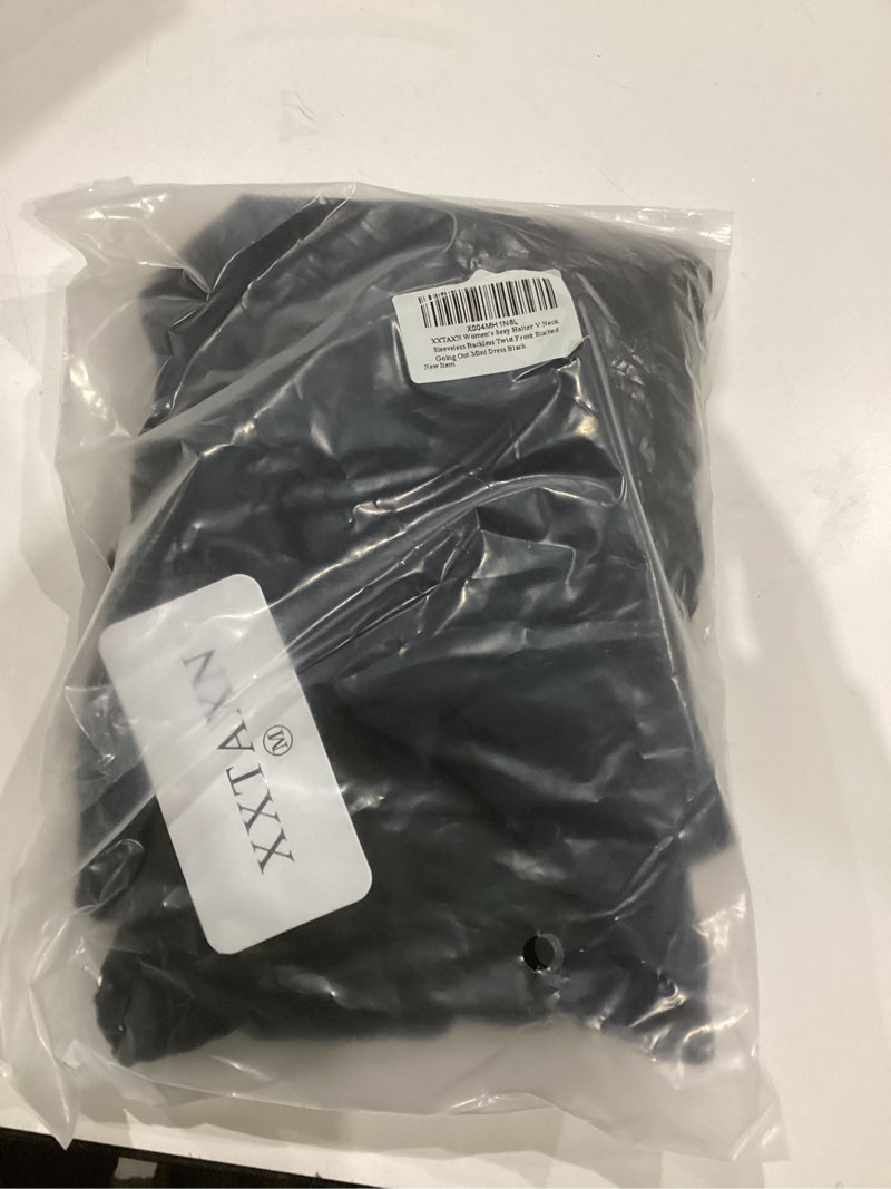 Condition photo showing New/Like New for XXTAXN Women's Sexy Halter V Neck Sleeveless Backless Twist Front Ruched Going Out Mini Dress Black Medium