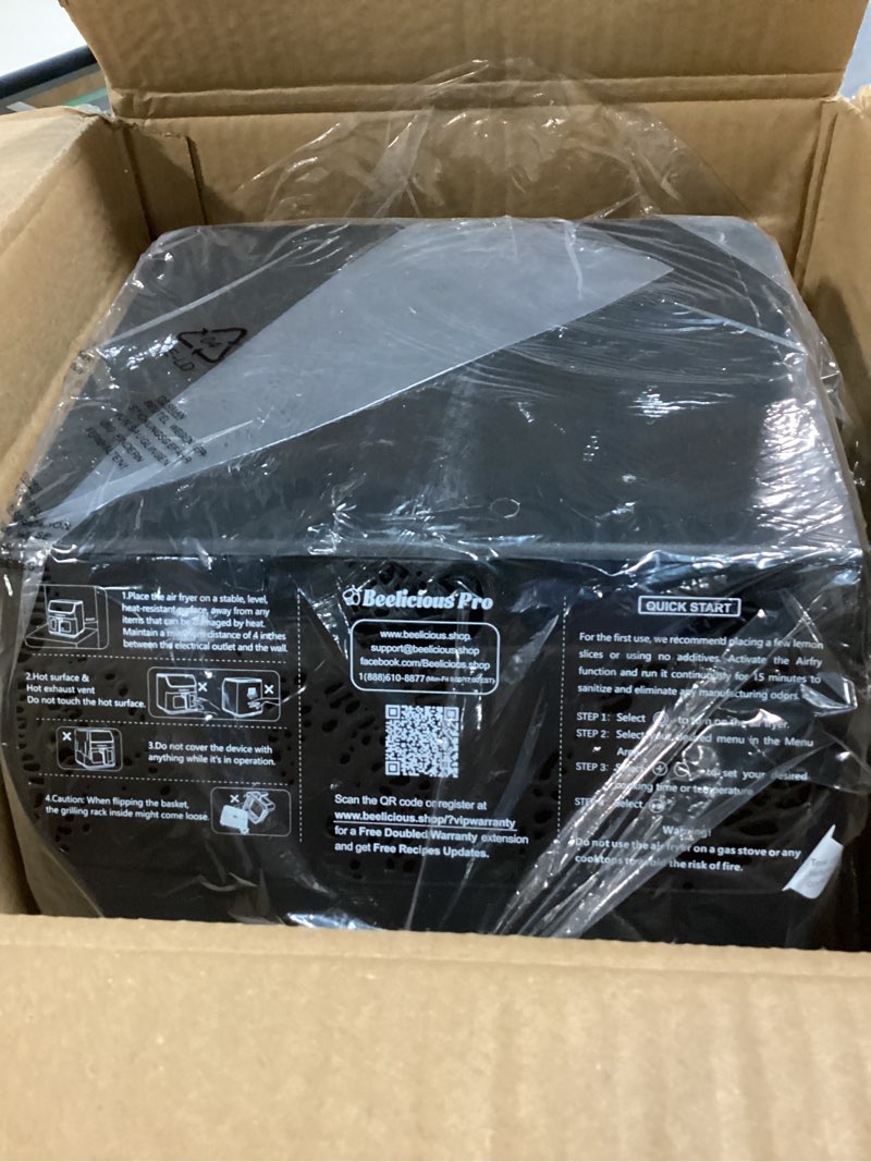 Condition photo showing New/Like New for beelicious large airfryer, 12-in-1 digital airfryer with window, dishwasher safe, 5.8qt, 40+ recipes, flavor-lock tech, shake reminder, compact, quiet, nonstick air fryers. black