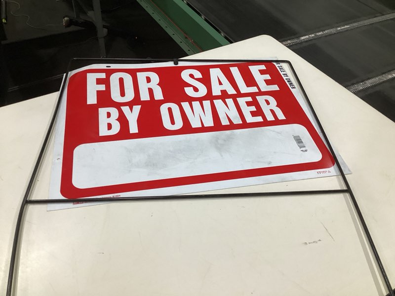 Condition photo showing As Is for HY-KO Products RSF-605 FOR SALE BY OWNER SIGN 36 in H x 24.5 in W Red & White, LEG IS BENT
