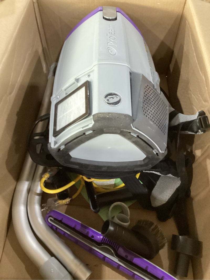 Condition photo showing As Is for not tested, incomplete******* proteam super coach pro 6 backpack vacuum commercial with telescoping wand tool kit, 6 quart, corded, 107310 super coach pro 6 107310