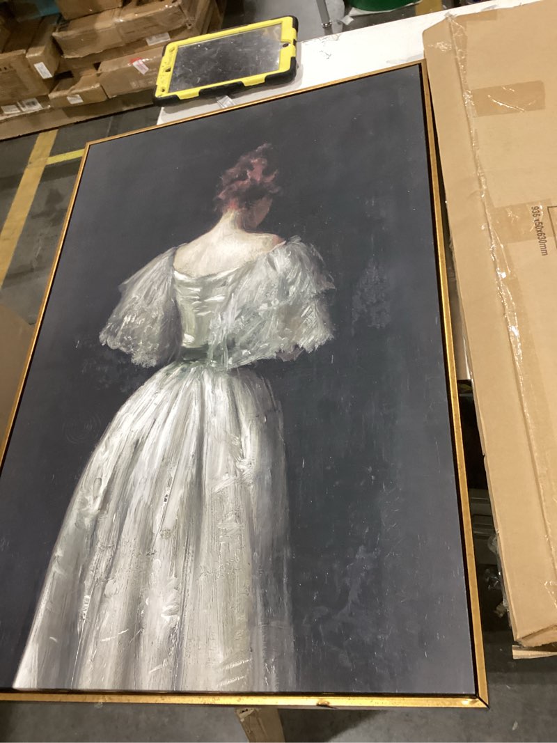 Condition photo showing Good Condition for insimsea golden framed vintage canvas wall art seventeenth century lady in white dress dark toned 24