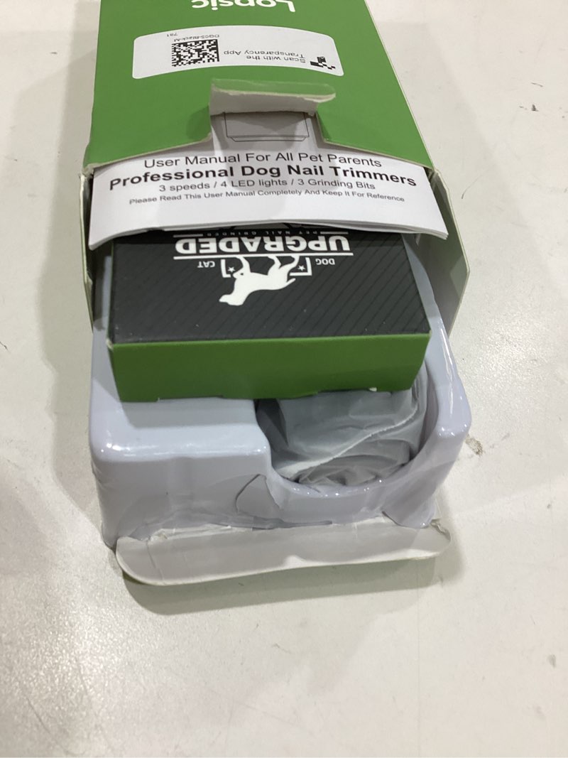 Condition photo showing New/Like New for whisper quiet dog nail grinder with 4 led lights, safe & stress-free for sensitive dogs cats of all breeds & sizes, 3 grinding bits, 3-speed, pet nail trimmers, rechargeable painless grooming kit black
