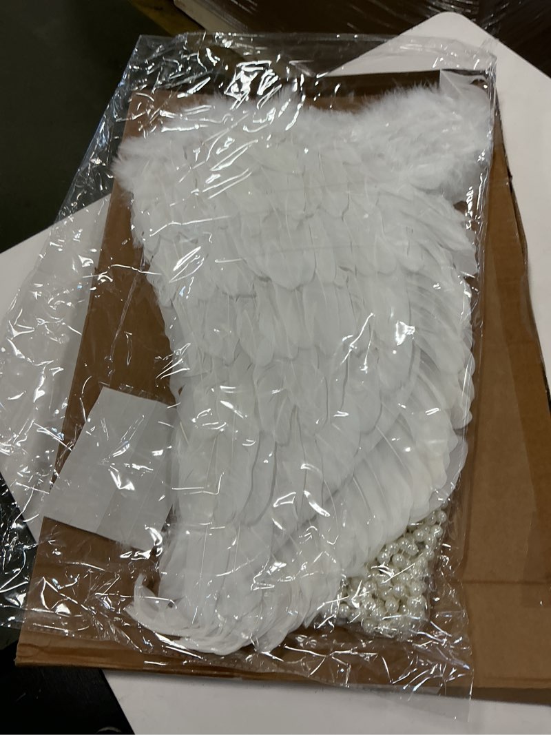 Condition photo showing New/Like New for 25 x 43 Inches Christmas Angel Shaped Large Wing Ornament Christmas Tree Angel Feather Wings with Feather Ribbon and Long Pearl Chains Hanging Decor Xmas Tree Topper for Xmas Holiday