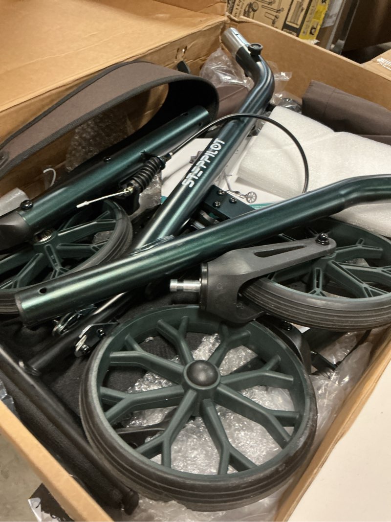 Condition photo showing As Is for Titan Foldable Rollator Walkers with Seat, 7-Level Adjustable Handles Height, Reliable Parking & Braking System, Easy to Assemble and Use with Cane Holder & Storage Bag, 8" Big Wheels Dark Green