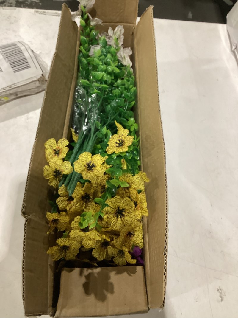 Condition photo showing Good Condition for 16 bundles artificial fake flowers for outdoors, uv resistant silk outdoor plants for hanging planters daisy eucalyptus leaves, spring faux flower decoration for garden yard garden decor mix-4 white+4 yellow+4 blue+4 purple 16ps