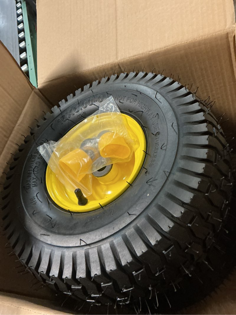 Condition photo showing New/Like New for ar-pro (2 pack) 15 x 6.00-6" tubeless tire and wheel assembly, replacement riding lawn mower front tires, compatible with john deere riding mowers and lawn tractor, 3" centered hub and 3/4" bushings 15 x 6.00-6" tubeless (centered hub) yellow
