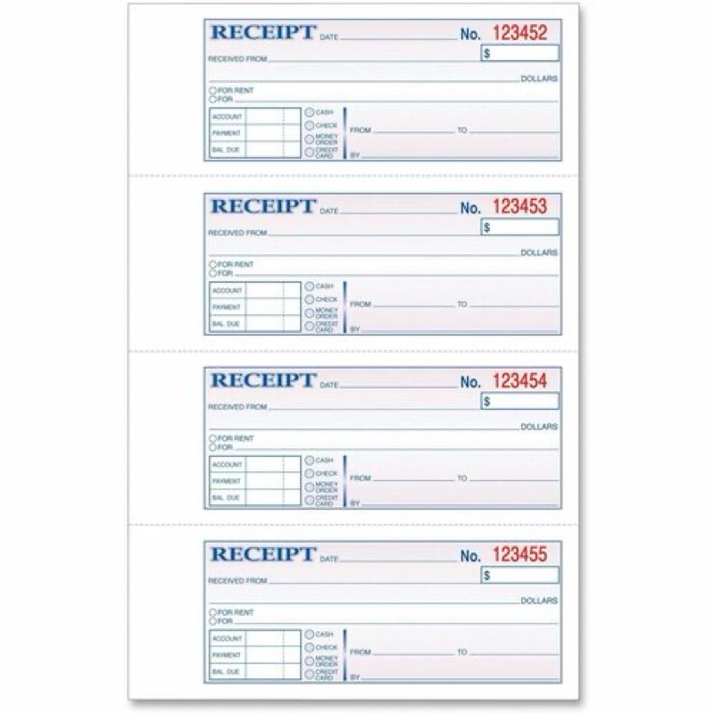 tops money and rent receipt books, 2-3/4 x 7 1/8, two-part carbonless, 200 sets/book