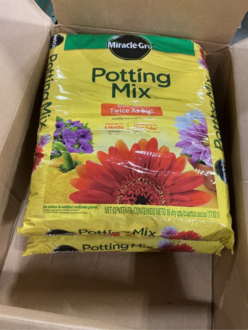 Condition photo showing New/Like New for miracle-gro potting mix - for container plants, flowers, vegetables, shrubs, annuals, perennials, potting soil mix, feeds up to 6 months, 16 qt. (2-pack) 0.53 cu. ft. 16 qt