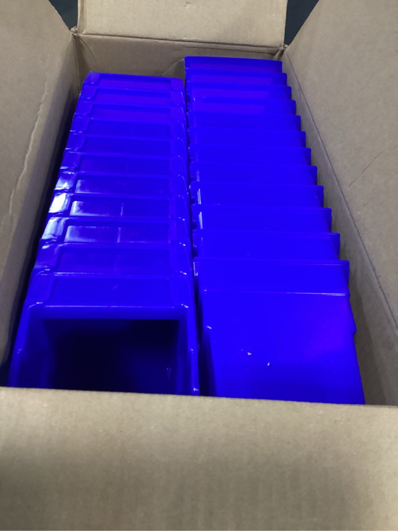 Condition photo showing As Is for akro-mils 30120 plastic shelf bins, heavy duty storage bins for garage, closet, and drawer organization, 12" x 4" x 4", blue, 24-pack