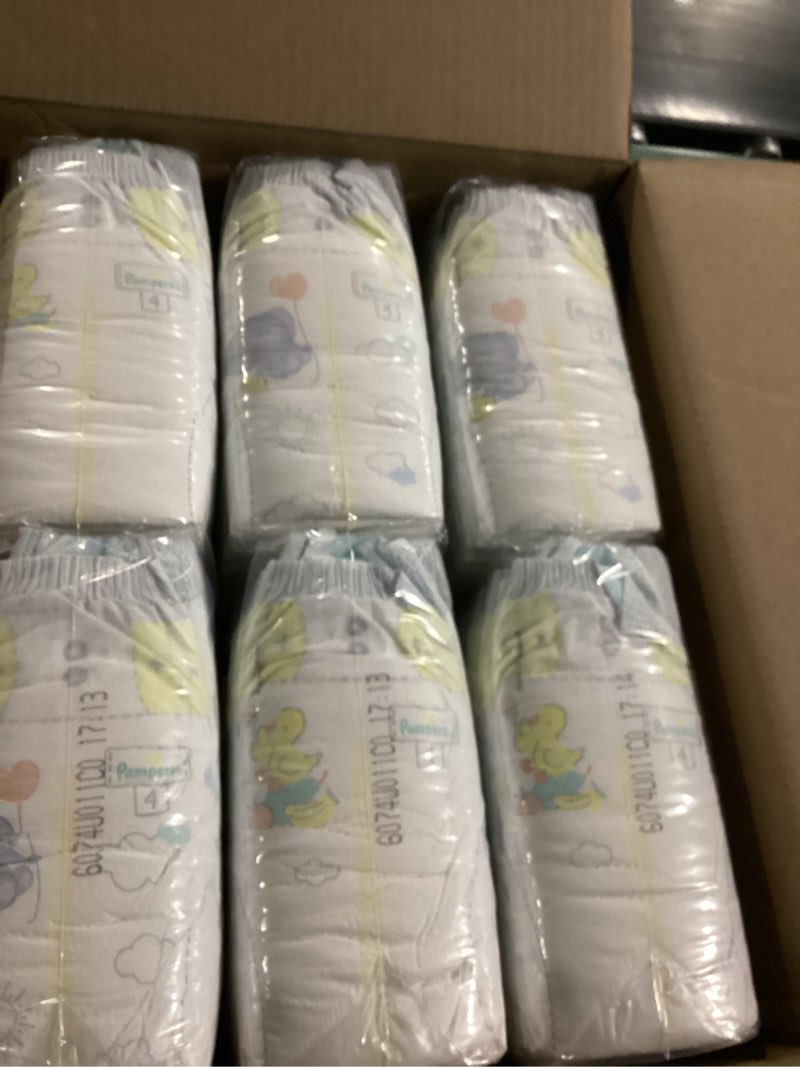 Condition photo showing As Is for pampers swaddlers diapers, size 4 (15-34 lbs), 150 count, absorbent, keeps baby dry and comfortable, skin safe disposable baby diaper (packaging may vary) size 4 150