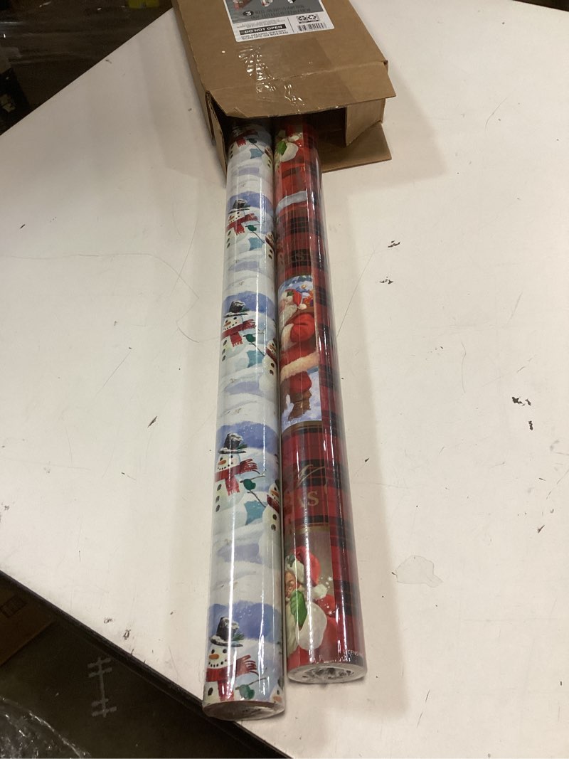 Condition photo showing Good Condition for (Incomplete)(only 2 rolls) Hallmark Reversible Christmas Wrapping Paper (3 Rolls: 120 sq. ft. ttl) Vintage Santa, Snowmen, Traditional Green, Red and White Plaids