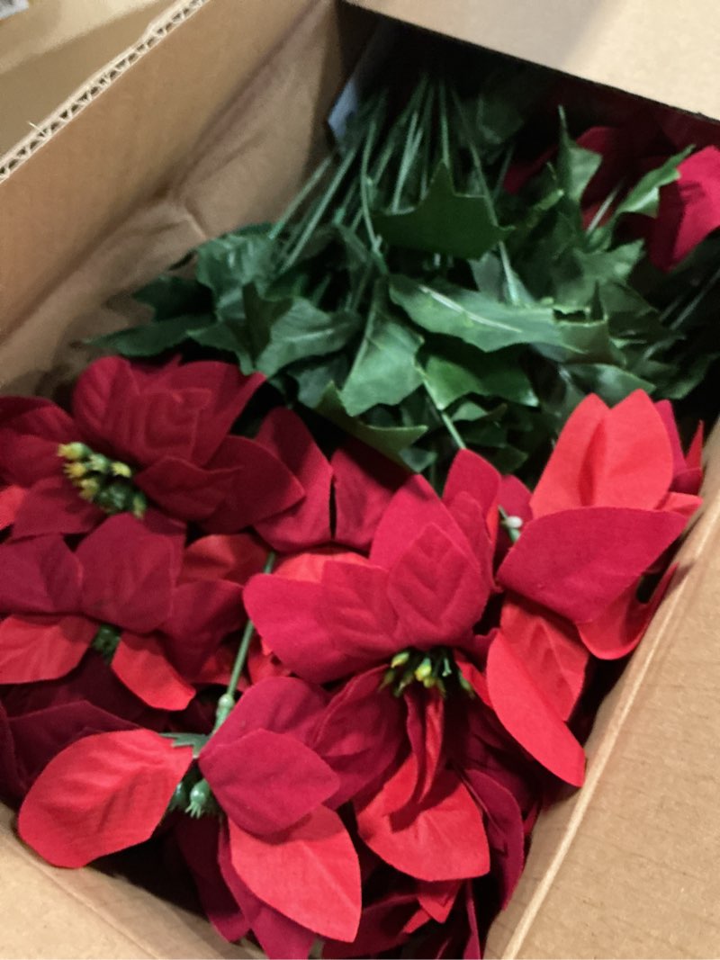 Condition photo showing Good Condition for Alupssuc 8 Pack 7 Heads 17in Poinsettia Christmas Flowers Artificial Velvet Fake Poinsettia Bouquet, Indoor & Outdoor Christmas Tree Decorations for Vase Table Porch Garden Decor, Red