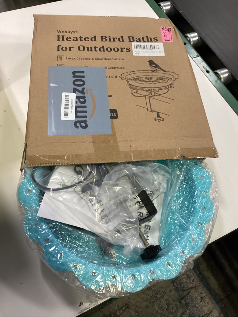 Condition photo showing item condition for Webuys Heated Bird Baths for Outdoors, 100W Heated Bird Bath for Deck Railing, Heated Birdbath with Thermostat Control, Heated Bird Bath for Outside Winter Garden Patio Yard (Blue)