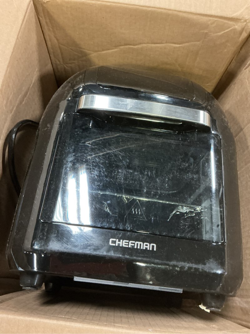 Condition photo showing As Is for chefman multifunctional digital air fryer+ rotisserie, dehydrator, convection oven, 17 touch screen presets fry, roast, dehydrate, bake, xl 10l family size, auto shutoff, large easy-view window, black