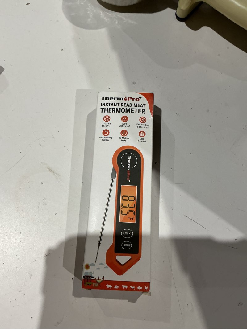 Condition photo showing As Is for thermopro digital instant read meat thermometer for grilling waterproof kitchen cooking food thermometer with ambidextrous backlit for bbq grill smoker oil fry candy thermometer bright-orange