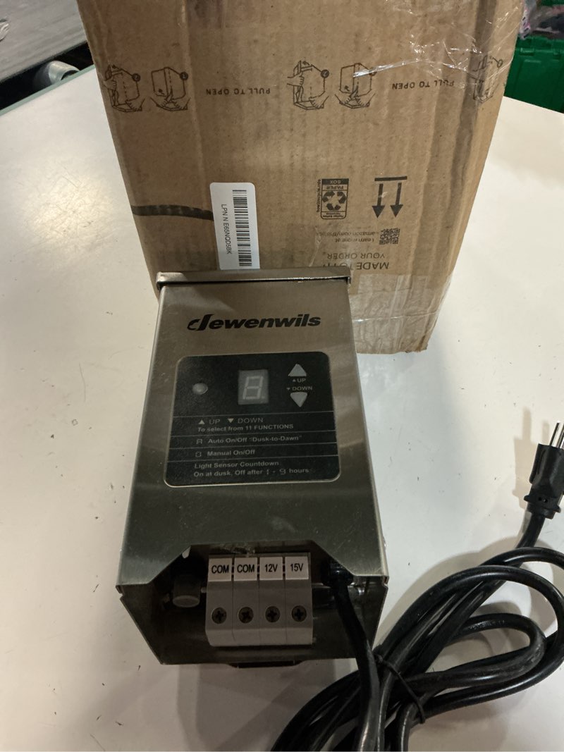 Condition photo showing As Is for dewenwils 150w low voltage landscape transformer with photocell sensor, 120v ac to 12v/15v ac, low voltage transformer for led landscape lights, spotlight, weatherproof stainless steel, etl listed 150.0