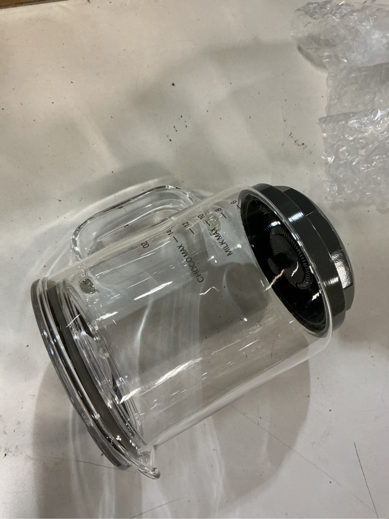 Condition photo showing As Is for martha stewart milk frother and steamer, 10oz/300ml glass cup, 4 presets (cold foam, light, dense & hot chocolate), ready in 90 seconds, cordless pouring, one-touch for hot and cold milk, indigo blue 4-in-1 milk frother indigo blue