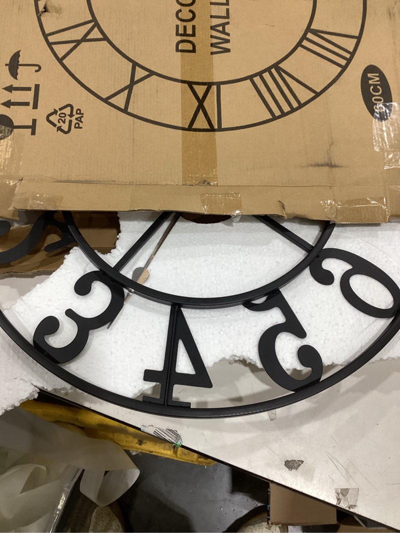 Condition photo showing As Is for LEIKE Large Wall Clocks for Living Room,Silent,Non Ticking,Battery Operated Oversized Vintage Round Modern Metal Wall Clock for Bedroom,Farmhouse,Office Home Decor-24 Inch(Black-Arabic Number) 24 IN Black Metal-arabic Number