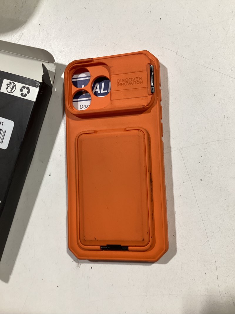 Condition photo showing As Is for sslotscase for iphone 17 pro max case with card holder & camera stand & kickstand & slide camera lens cover & wallet, military-grade heavy duty phone case cover for iphone 17 pro max 6.9'', orange orange iphone 17 pro max