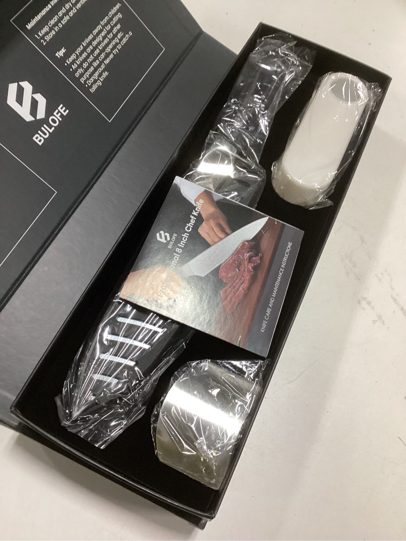 Condition photo showing New/Like New for 8 Inch Chef Knife, Kitchen Knife with Sharpener and Finger Guard, Professional Steel Sharp Chef's Knife Set with Ergonomic Handle, Gifts for Christmas, Black