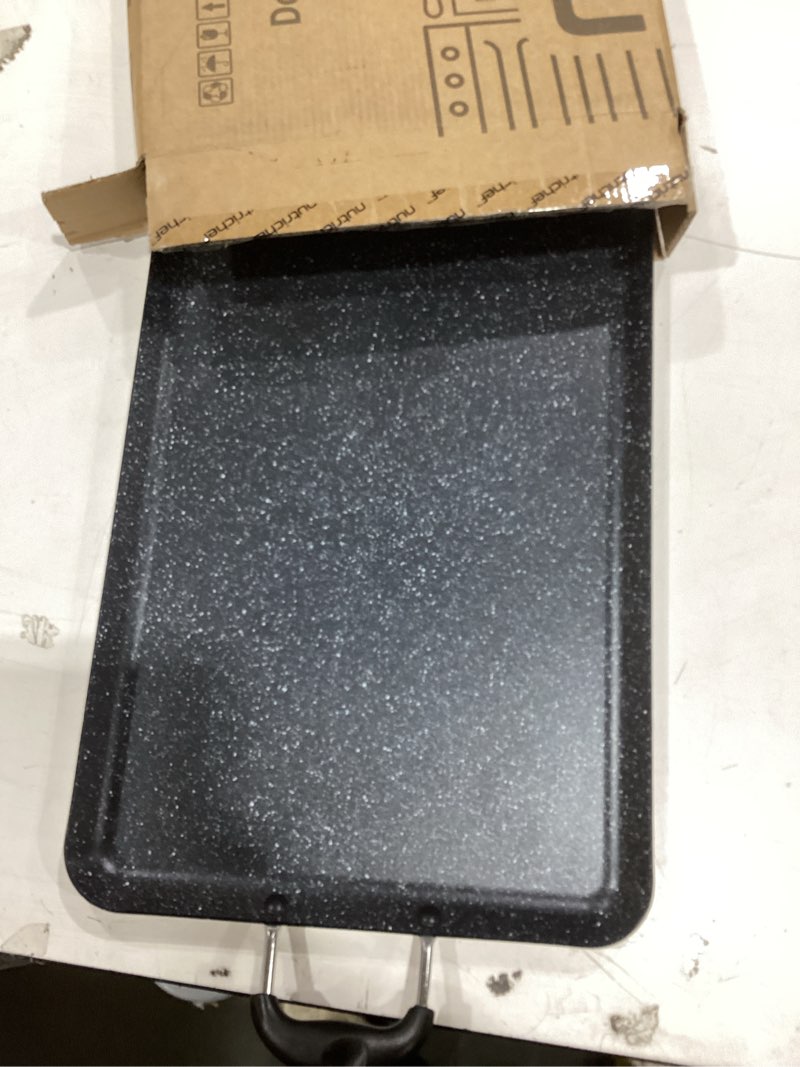 Condition photo showing Good Condition for nutrichef double burner griddle, non-stick stove top griddle for gas stove, dishwasher safe, heatproof bakelite handles, even heat distribution, pfoa & pfos free, 20” x 12” x 0.8” inch (black)