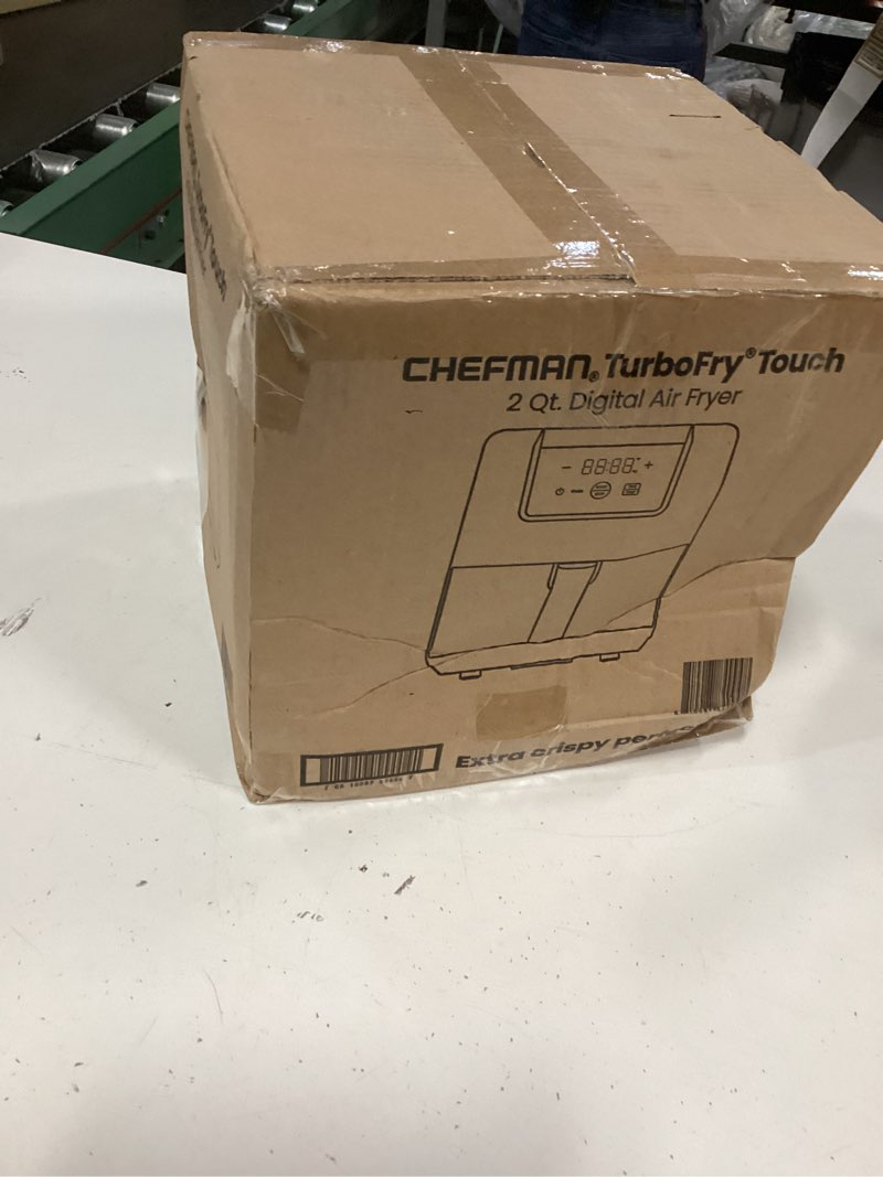 Condition photo showing New/Like New for chefman 2 qt mini air fryer – digital space-saving compact air fryer with nonstick and dishwasher safe basket, quick & easy meals in minutes, features digital timer and shake reminder – black 2 quart black