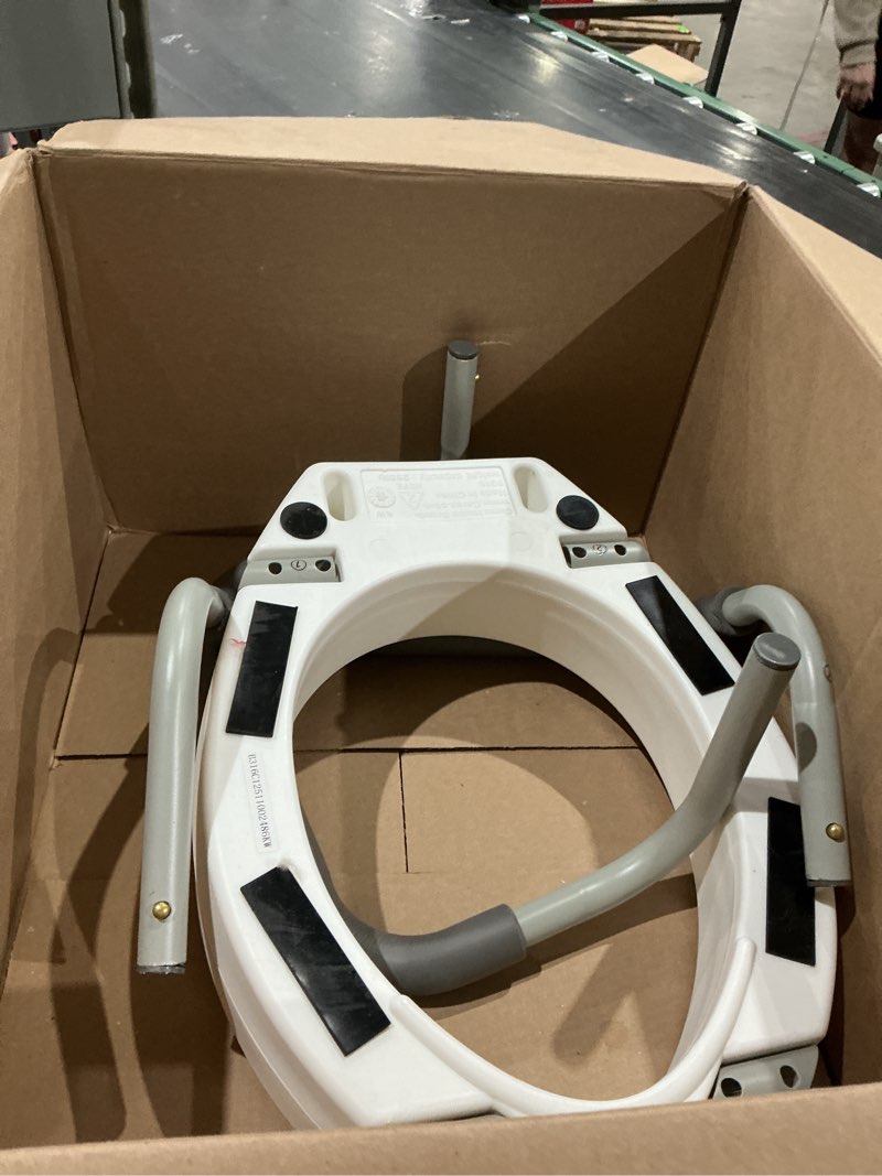 Condition photo showing As Is for carex 3.5 inch raised toilet seat with arms, elongated toilet seat riser, up to 250 lbs capacity, elevating & raising seat for elderly & handicap, universal, slip-resistant with padded handles, white